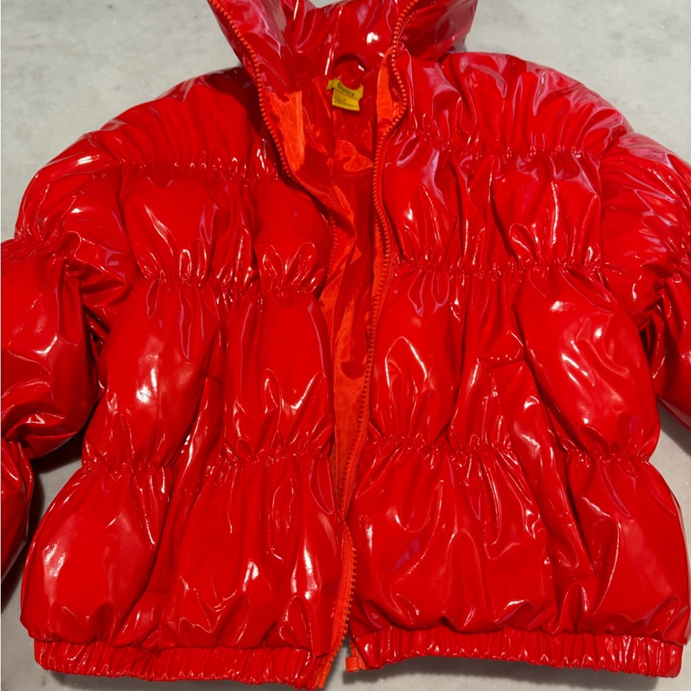 Red puffer cropped jacket